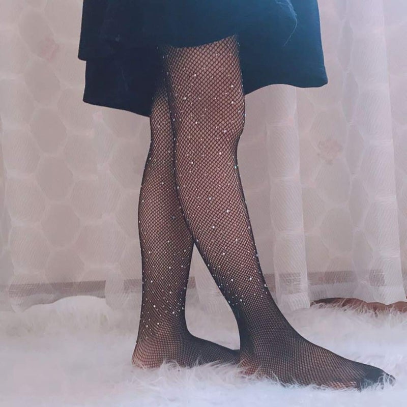 Looching Little Girls Thin Rhinestone Fishnet Sparkle Tights Toddler Kids Glitter Stockings Footed Net Leggings Pantyhose(Black,1-3T) - Image 4